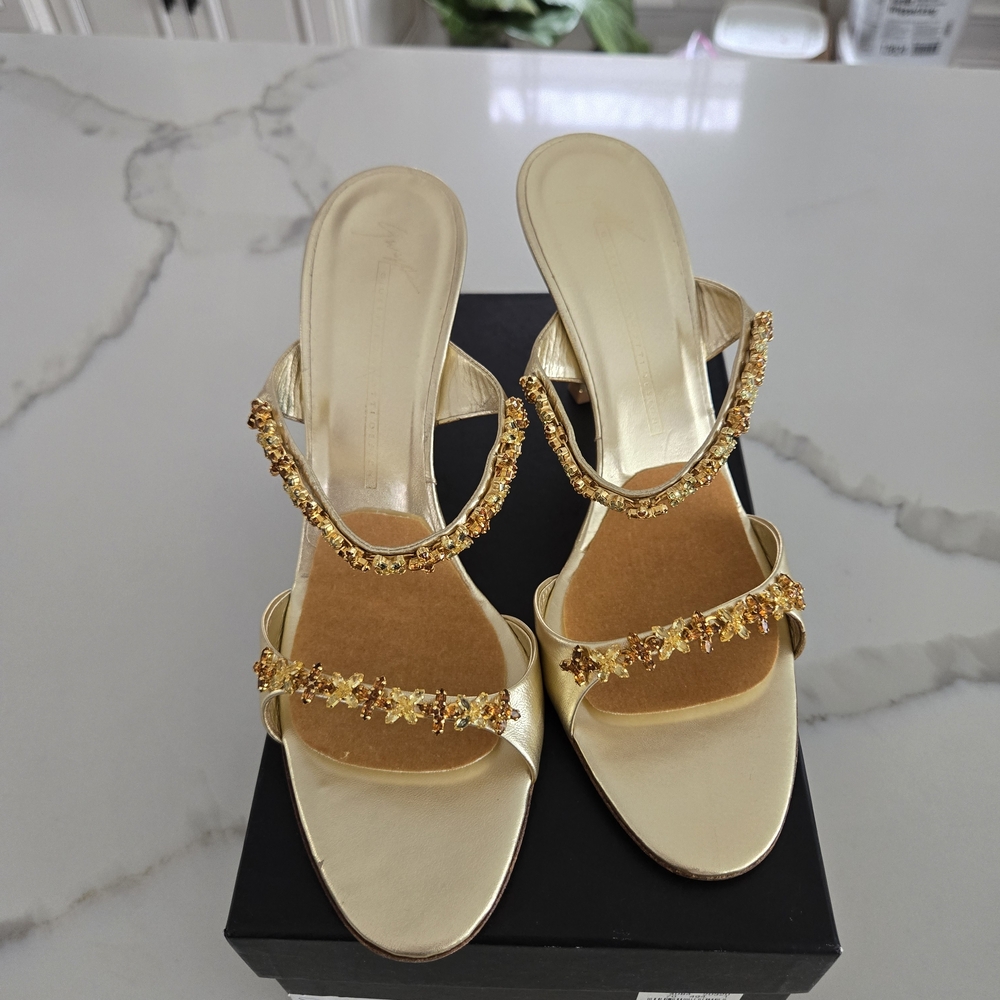 New-Giuseppe Zanotti Gold Crystal-Embellished Slide Heels